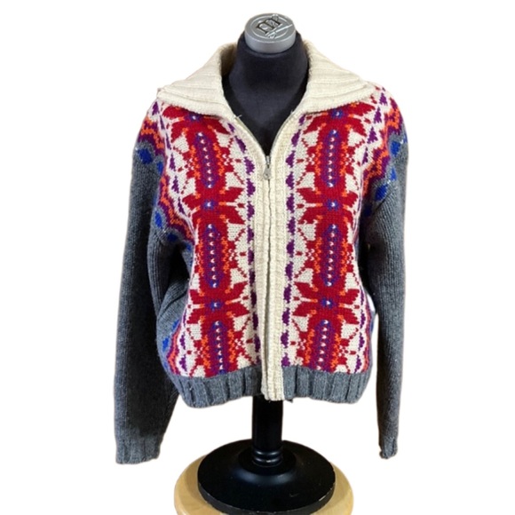 Vintage Sweaters - Vintage Y2K 90s Express Tricot 100% Wool Crop Zip Up Cardigan Sweater Size Large